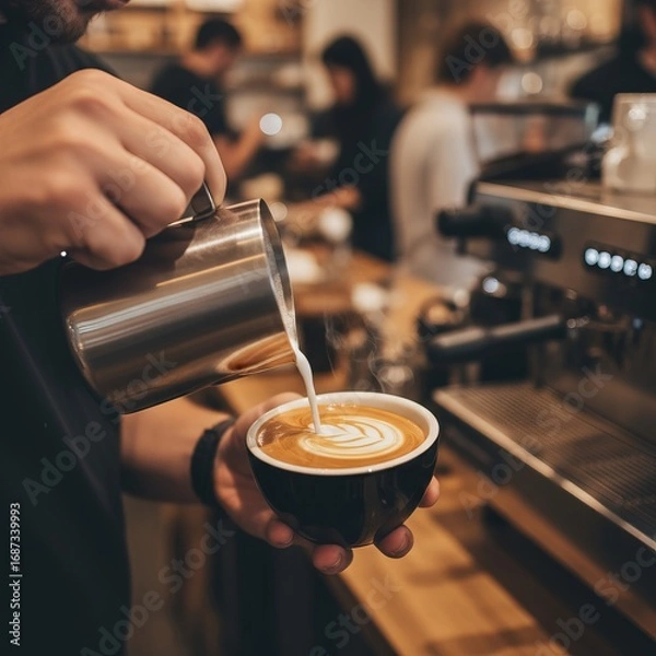 Fototapeta Close-up of barista’s hands pouring steamed milk into espresso cup to make latte art, blurred coffee shop background