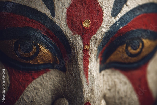 Fototapeta  Kalighat folk art of fierce Durga face on parchment texture.
