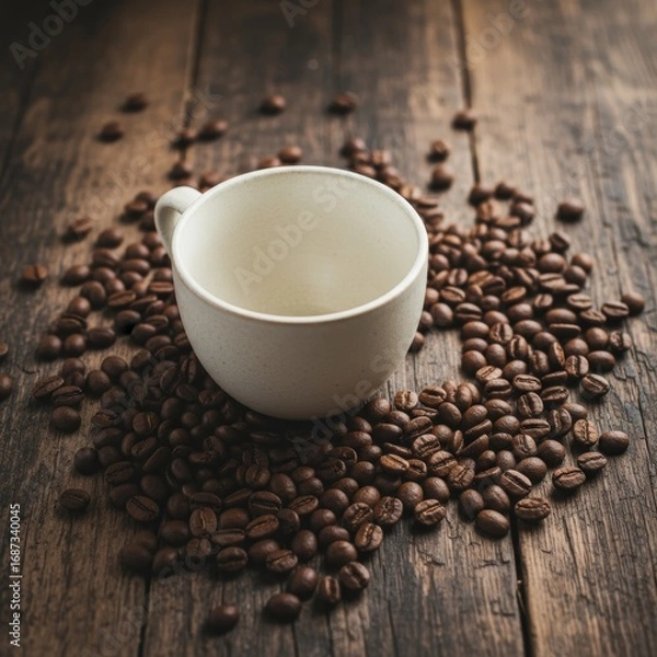 Fototapeta Flat lay of coffee beans scattered around a ceramic cup on a dark rustic wooden table
