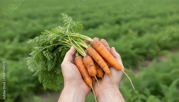 Fototapeta Close-up of hands holding freshly harvested carrots with soil still attached, blurred green field in background, stock photo style