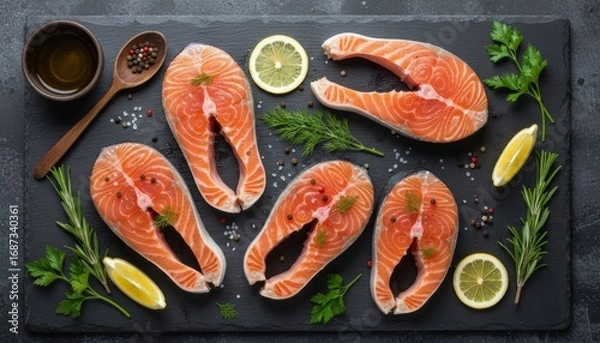 Fototapeta Flat lay of raw salmon fillets with lemon slices and herbs on dark slate background, rustic food photography