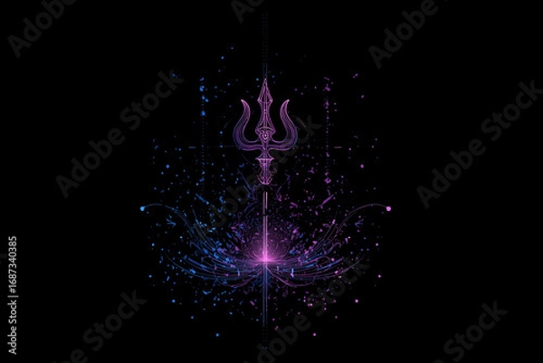 Fototapeta  Glowing trishul of Durga on dark background with abstract neon sparks.
