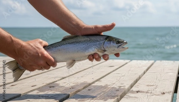 Fototapeta Close-up of fisherman’s hands holding a freshly caught fish over wooden dock, blurred sea background