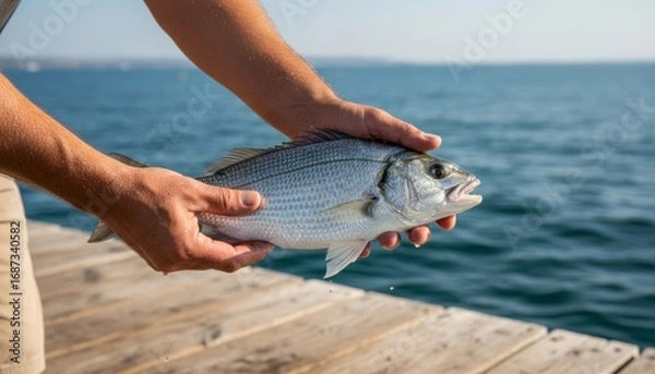 Fototapeta Close-up of fisherman’s hands holding a freshly caught fish over wooden dock, blurred sea background