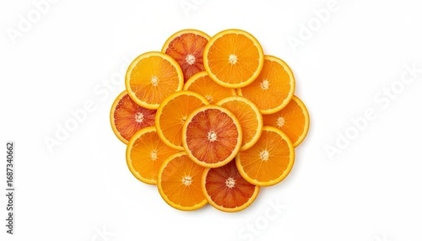 Fototapeta lat lay of sliced oranges arranged in a circle on a white background, vibrant citrus composition
