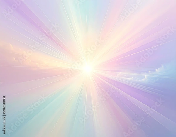 Fototapeta Spiritual abstract background of pastel sky with hopeful divine light. Sun ray from heaven creates powerful, peaceful glow, concept of faith, energy, and creation