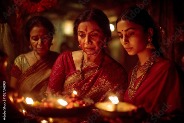 Fototapeta Mother and daughter performing Durga aarti in temple during Navratri.
