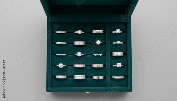 Fototapeta Flat lay of silver rings placed neatly in velvet box, minimal jewelry