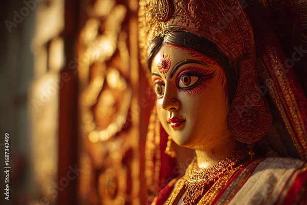 Fototapeta  Temple-lit Durga idol in white-red saree during golden hour, peaceful expression with text space on side.
