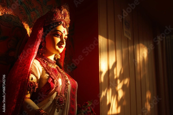 Fototapeta  Temple-lit Durga idol in white-red saree during golden hour, peaceful expression with text space on side.
