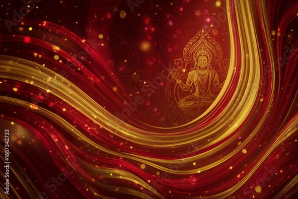 Fototapeta  Abstract Navratri visual with red-gold energy flows and goddess silhouette, with text-friendly composition.
