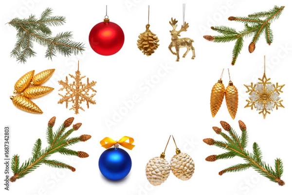 Obraz Christmas collection coniferous, ball, cones, toys isolated on white background