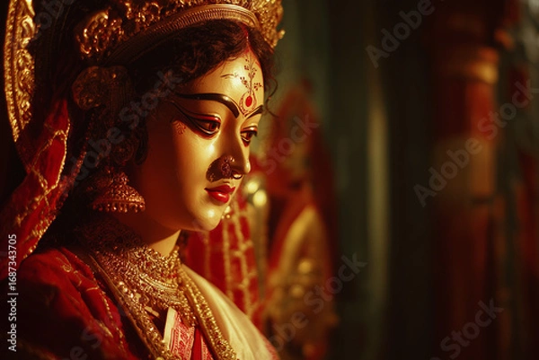 Fototapeta  Temple-lit Durga idol in white-red saree during golden hour, peaceful expression with text space on side.
