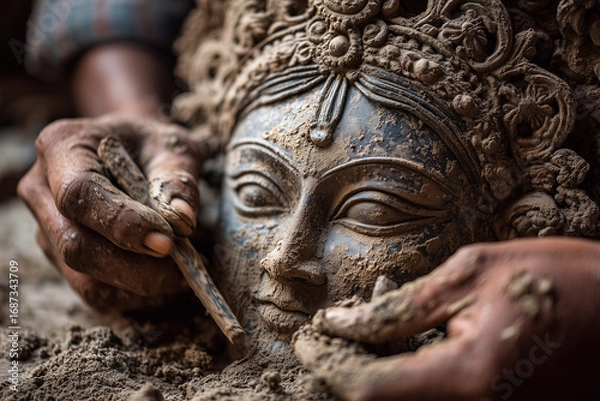 Fototapeta  Artisan sculpting Durga idol in clay, raw and powerful visual with storytelling atmosphere and blank space.

