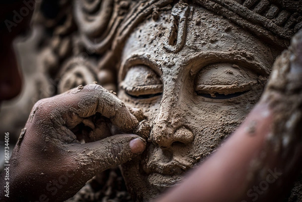 Fototapeta  Artisan sculpting Durga idol in clay, raw and powerful visual with storytelling atmosphere and blank space.
