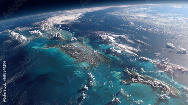Fototapeta Stunning view of the Bahamas islands from space turquoise waters white clouds blue ocean