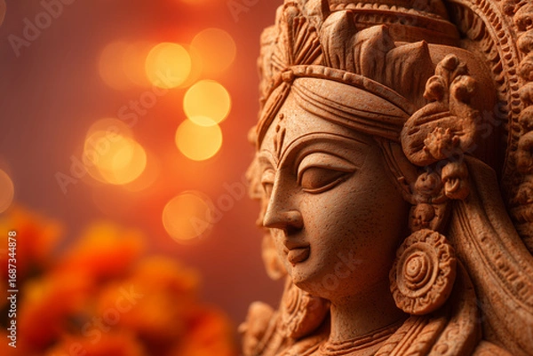 Fototapeta  Studio-lit Shola Durga idol with soft marigold blur and clean side space for festive branding.
