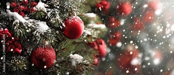 Fototapeta The Christmas tree adorned with red ornaments and snowflakes in the winter scene.