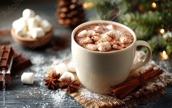 Fototapeta A white mug of hot chocolate with marshmallows and cinnamon sticks