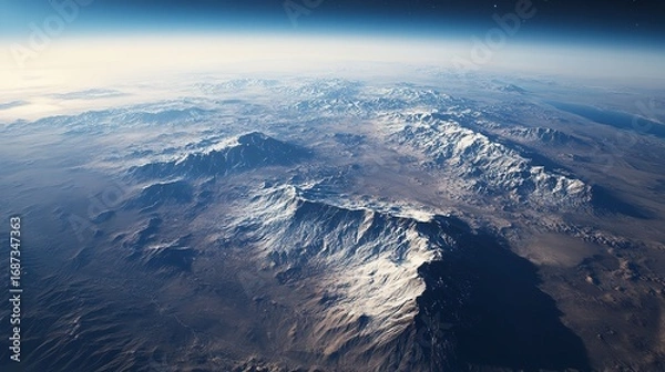 Fototapeta Aerial view showcasing snow capped mountains and earth's atmosphere in the distance landscape shot