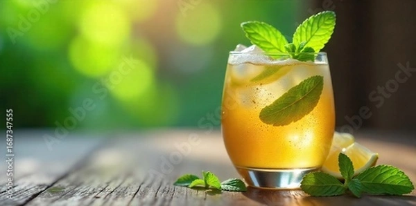 Fototapeta Close-up of a glass of calming, herbal relaxation drink with ice cubes and fresh mint sprigs, soft lighting, tranquil scene , stress reduction, healthy drink