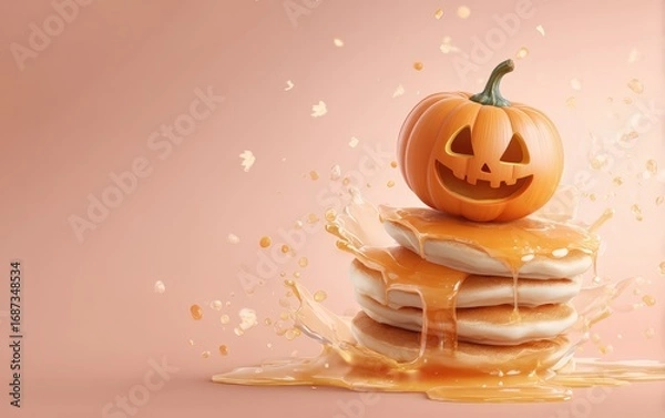 Fototapeta A stack of pancakes with a pumpkin on top