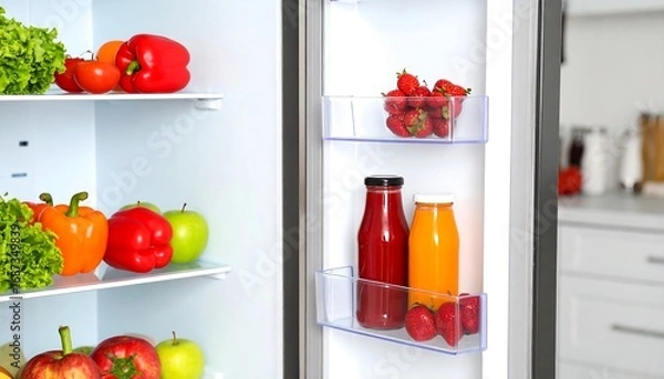 Fototapeta Open fridge, filled with fresh produce and juices