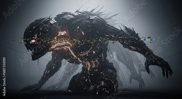 Fototapeta A dark robotic figure with a complex and detailed design, possibly of otherworldly origin, in an eerie, atmospheric environment. The creature appears menacing and powerful. 