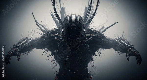 Fototapeta A dark and imposing figure with outstretched arms, emanating an aura of strength and mystery. The image evokes a sense of power and enigma.