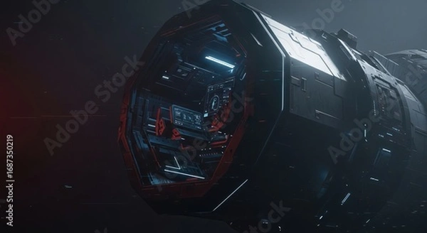 Fototapeta A detailed view of a futuristic spacecraft, showcasing complex machinery with internal lighting