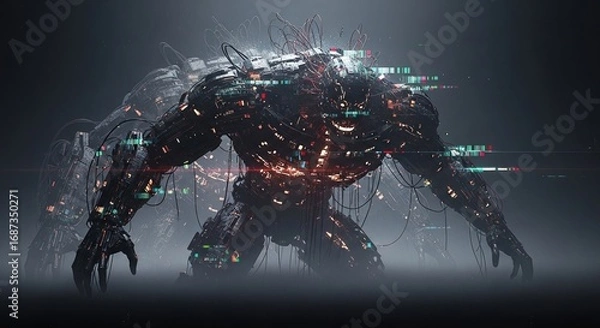 Fototapeta Futuristic cybernetic creature in a cinematic style with technology and wires incorporated into its form. The image showcases the intersection of technology and the human form.