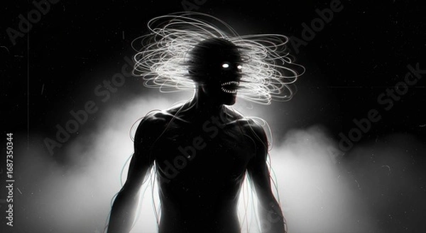 Fototapeta A silhouette of a person shrouded in darkness, with glowing eyes and trails of light creating an eerie effect