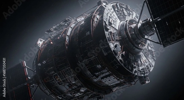 Fototapeta A detailed view of a spacecraft with solar panels and intricate machinery. A futuristic aesthetic of space exploration and technology.