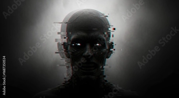 Fototapeta A dark and mysterious portrait of a person, conveying a sense of unease and technological distortion