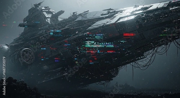 Fototapeta A colossal spaceship, with a detailed, high-tech design, sits majestically, the epitome of technological advancement and mystery. The ship's surface is intricate.