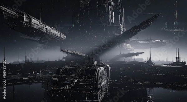 Fototapeta futuristic cityscape featuring imposing structures and an otherworldly atmosphere. The scene captures a sense of advanced technology and cinematic grandeur