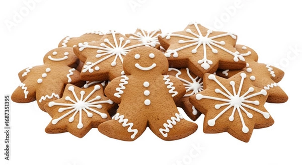 Fototapeta A pile of gingerbread cookies shaped as men and stars decorated with white icing on a black background
