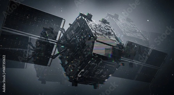 Fototapeta A close-up view of a satellite in space, showcasing intricate details and technological marvels. The satellite features solar panels and advanced components, symbolizing innovation and progress.