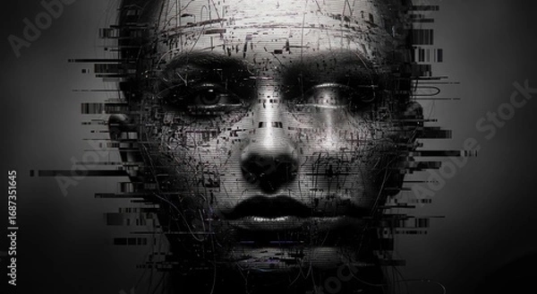 Fototapeta A digital artwork depicting a person's face with glitch effects, showcasing a futuristic and abstract theme. The artwork has a dark, dramatic tone with many lines.