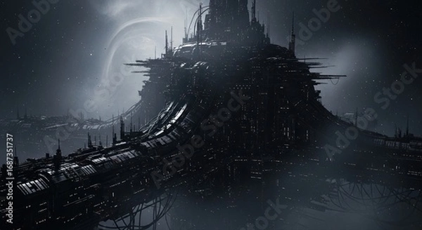 Fototapeta A futuristic dark city, rising up through the mist, with ominous architecture and an otherworldly atmosphere