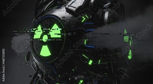 Fototapeta A cyborg with a futuristic design emitting smoke, featuring a glowing radioactive symbol. The image conveys a sense of advanced technology and potential danger.
