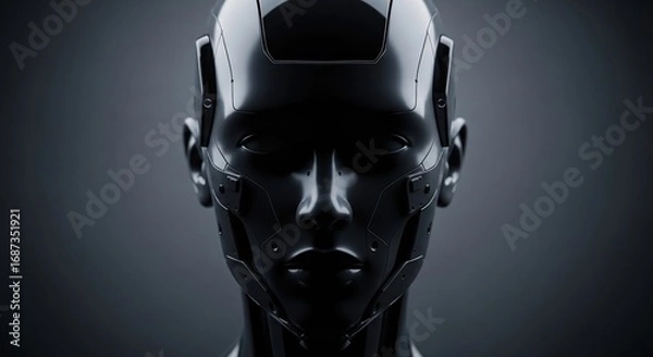 Fototapeta A robotic head with a futuristic design, exuding an aura of advanced technology and artificial intelligence. The metallic surface reflects a subtle light, highlighting its sleek features.