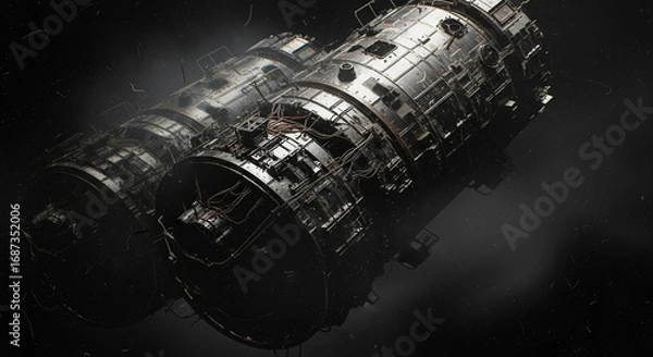 Fototapeta Close-up of a spaceship engine, showcasing intricate mechanical details and a futuristic design. The scene is dimly lit, emphasizing the texture and industrial aesthetic