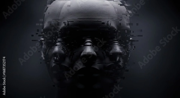 Fototapeta A captivating digital artwork featuring a fragmented human face with an unsettling, abstract aesthetic