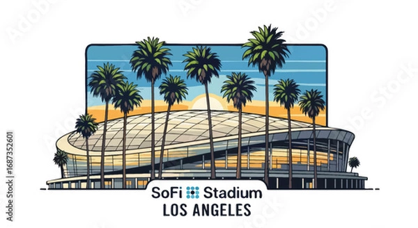 Fototapeta A cartoon illustration of sofi stadium in los angeles with palm trees and a sunset background
