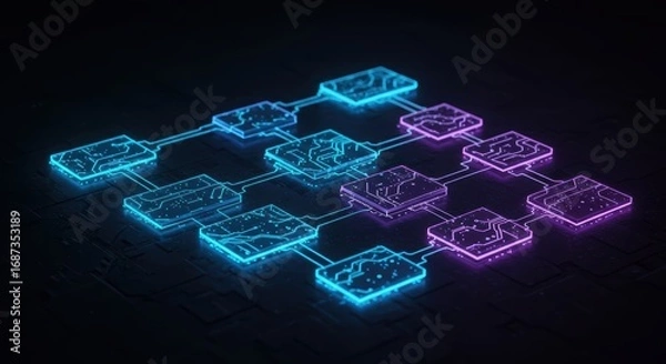 Fototapeta An intricate network diagram with interconnected nodes and glowing neon lights depicts complex data flow on a textured surface showing advanced technological connectivity.