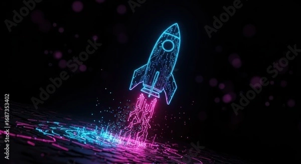 Fototapeta An electrifying digital rocket takes off in a burst of pink and blue light, symbolizing innovation and a powerful surge forward in a futuristic digital landscape.