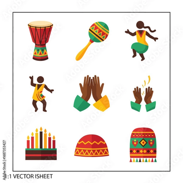 Fototapeta A conceptual set of vector icons representing Kwanzaa and African traditions including music, dance, and festive symbols