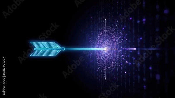 Fototapeta A glowing blue arrow pierces a digital with purple energy against a black background, symbolizing precision, focus, and achieving goals in technology.