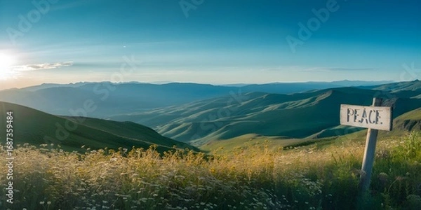 Fototapeta Peace sign on a mountain ridge at sunrise with vast landscape